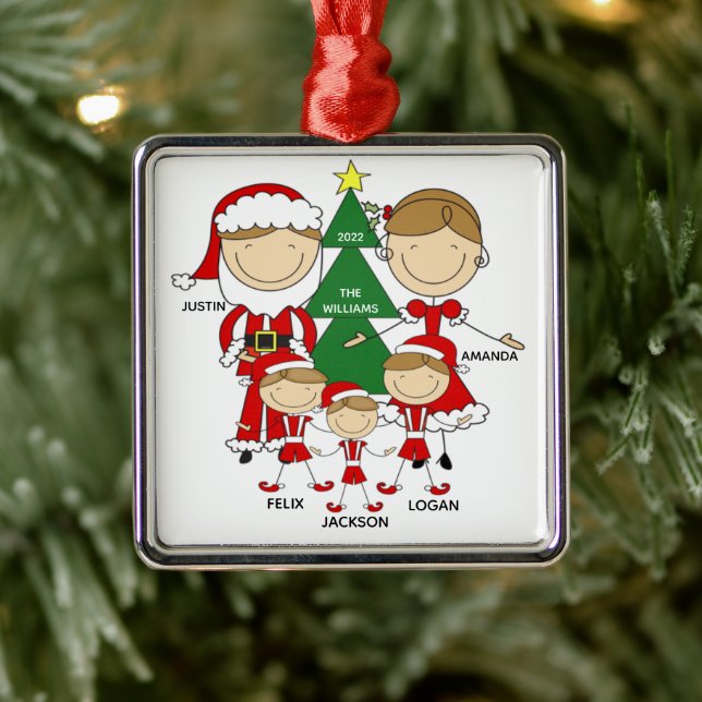 Niedliches Strichmännchen Familie von 5 Weihnachts Ornament Aus Metall (Baum)