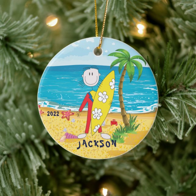 Niedliches Strichmännchen Surfer Boy Weihnachtssch Keramik Ornament (Baum)