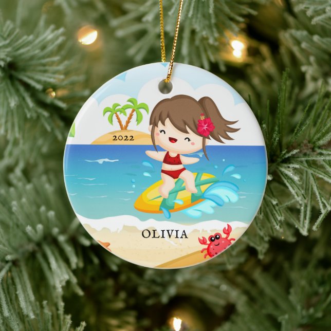 Niedliches Surfer Girl Personalisiert Weihnachten Keramik Ornament (Baum)