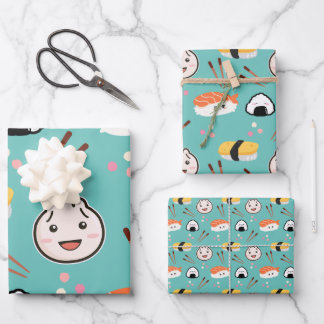 Niedliches Sushi & Dumpling Wrapping Paper - Blau Geschenkpapier Set