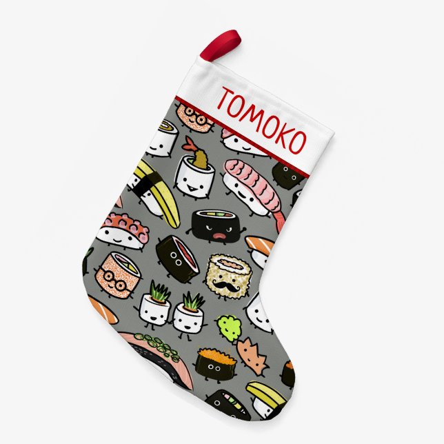 Niedliches Sushi-Muster lustiges Kawaii Kleiner Weihnachtsstrumpf (Vorderansicht (hängend))