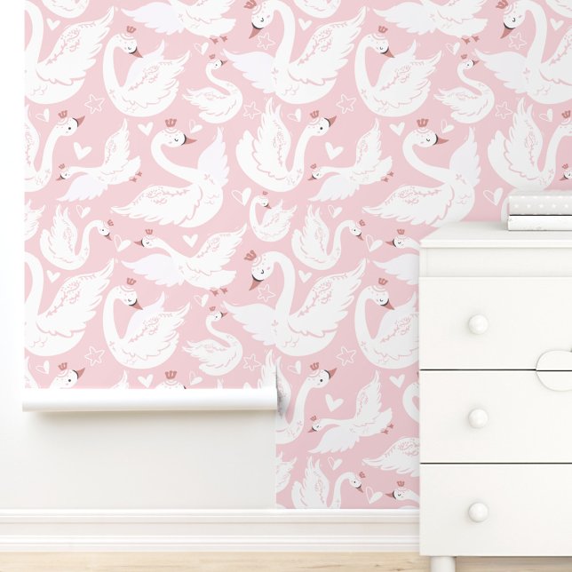 Niedliches Swan Modernes Elegantes Rosa Kinderzimm Tapete (Cute Swan Modern Elegant Pink Nursery Girl Room Wallpaper)