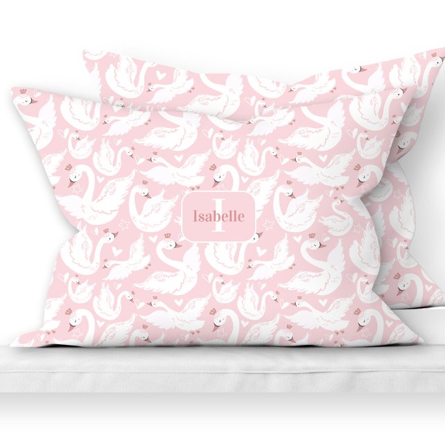 Niedliches Swan Princess Muster Pink Name Monogram Kissenbezug (Cute Swan Princess Pattern Pink Name Monogram Girl Pillow Case)