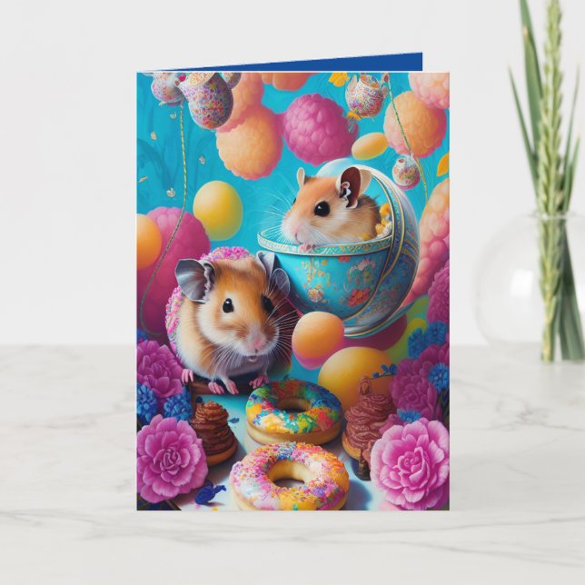 Niedliches syrisches Hamster Tea Party mit Donuts  Karte (Vorderseite)