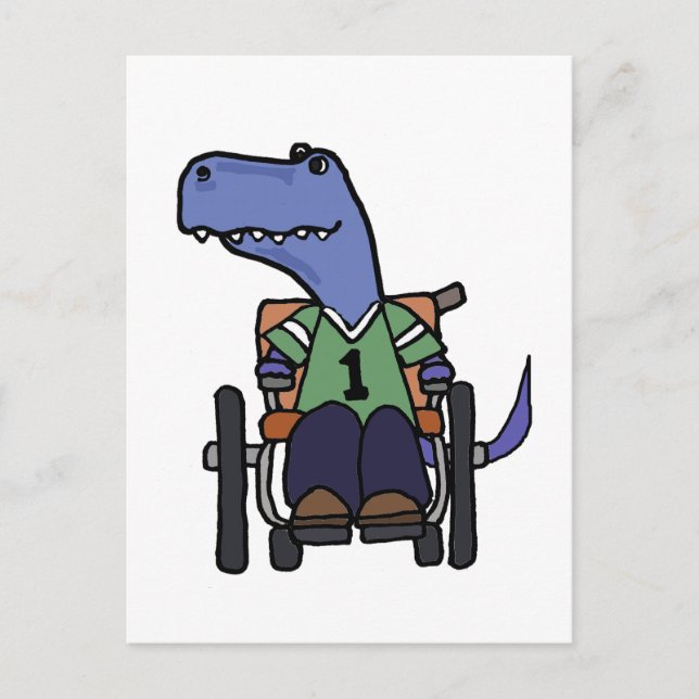 Niedliches T-rex Dinosaurier im Rollstuhl-Cartoon Postkarte (Vorderseite)