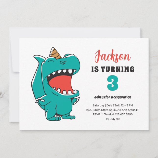 Niedliches T-Rex Einhorn Kinder Dinosaurier Geburt Einladung (Vorderseite)