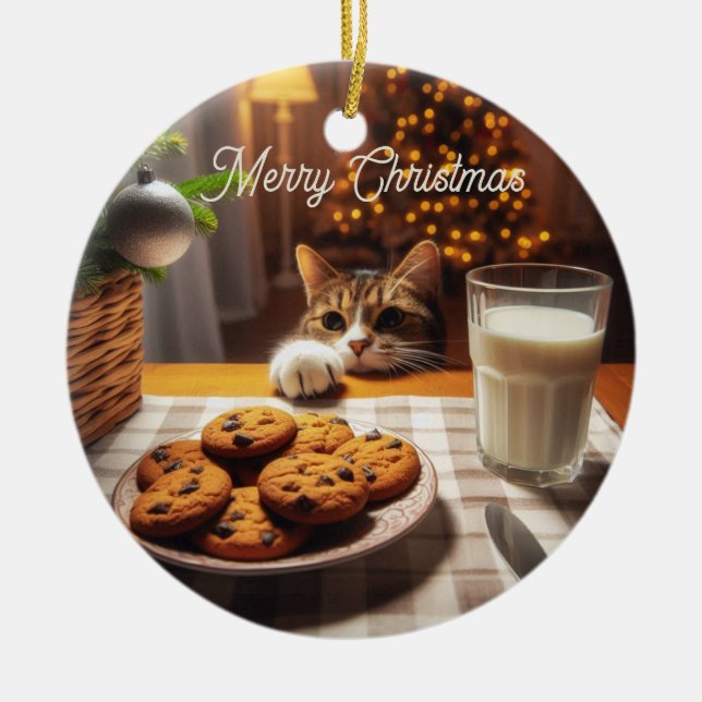 Niedliches Tabby Cat Erlernen von Cookies Weihnach Keramik Ornament (Vorne)