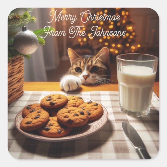 Niedliches Tabby Cat Erlernen von Cookies Weihnach Quadratischer Aufkleber (Vorderseite)