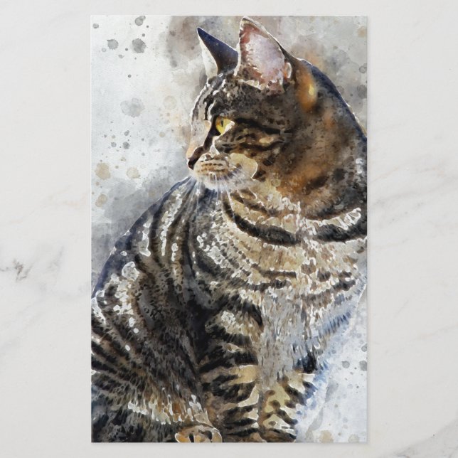 Niedliches Tabby Cat Wasserfarbene Kunst, Dichtung Briefpapier (Vorderseite)