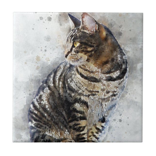 Niedliches Tabby Cat Wasserfarbene Kunst, Dichtung Fliese (Vorderseite)