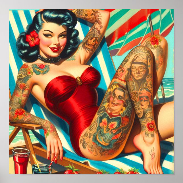 Niedliches Tattooed Swimsuit Button-up Poster (Vorne)