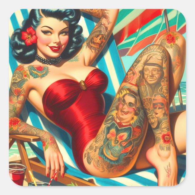 Niedliches Tattooed Swimsuit Button-up Quadratischer Aufkleber (Vorderseite)