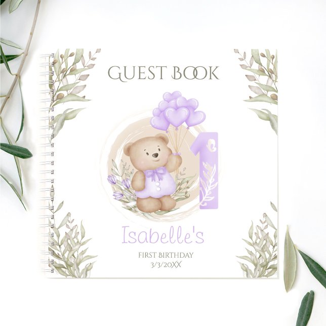 Niedliches Teddy Bear 1. Geburtstag Lila Gästebuch Notizbuch (Cute Teddy Bear 1st Birthday Purple Guest Book)