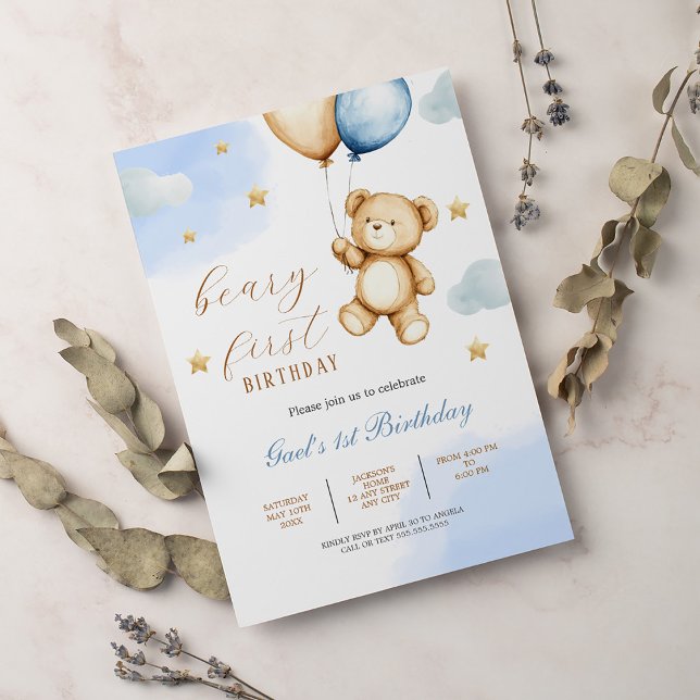 Niedliches Teddy Bear Baby Beary Erster Geburtstag Einladung (Von Creator hochgeladen)