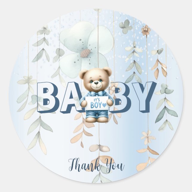 Niedliches Teddy Bear Blue Floral Schönes Party Runder Aufkleber (Vorderseite)