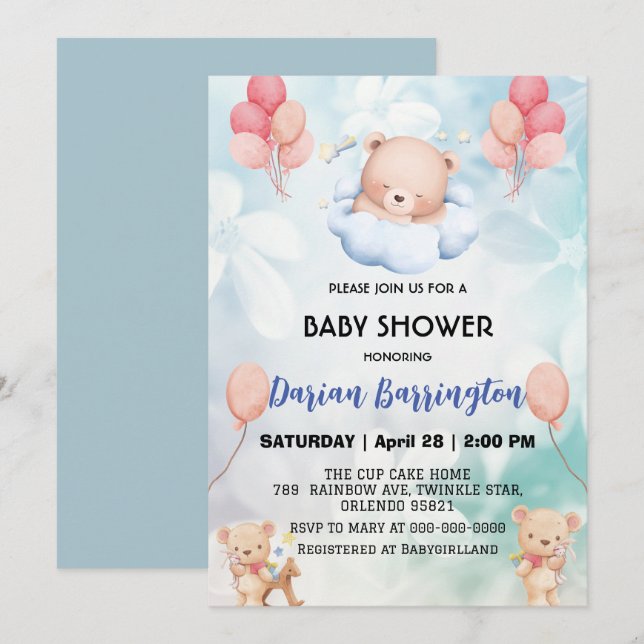 niedliches Teddy Bear Blume Ballon Babydusche Part Einladung (Vorne/Hinten)