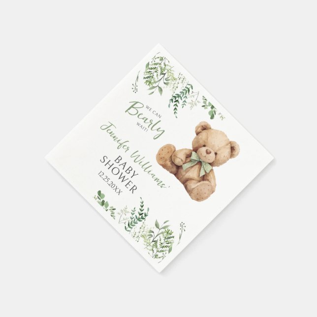 Niedliches Teddy Bear Bow Greenery Baby Boy Shower Serviette (Ecke)