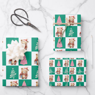 Niedliches Teddy Bear Santa Merry Weihnachtsbaum P Geschenkpapier Set