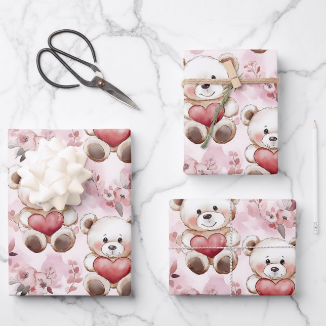 Niedliches Teddy Bear Valentine's Day Hearts Muste Geschenkpapier Set (Vorderseite)