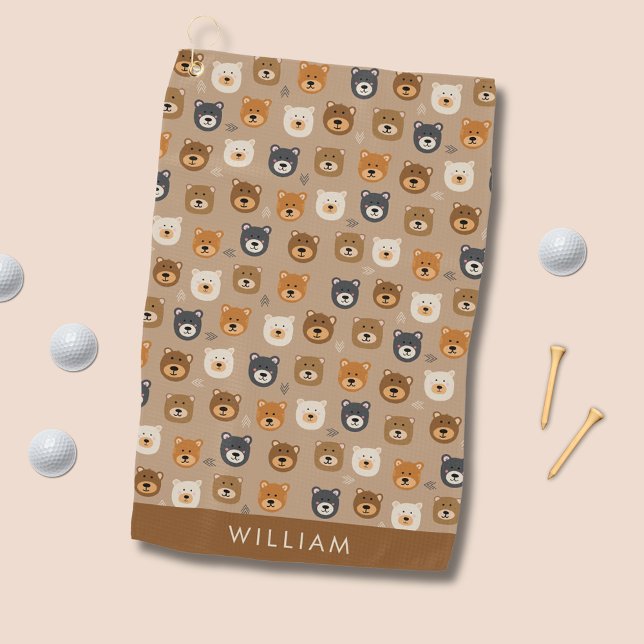 Niedliches Teddybärenkopfmuster Golfhandtuch (Cute bear head patterned golf towel.  Customize with your own name, initials or choice of text.)