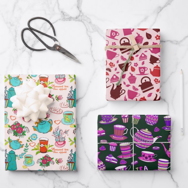 niedliches Tee-Party Geschenkpapier Set (Vorderseite)