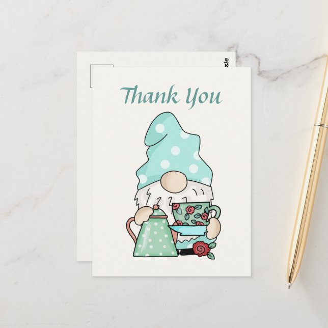 Niedliches Teehaus danke gnome Postkarte (Vorderseite/Rückseite Beispiel)