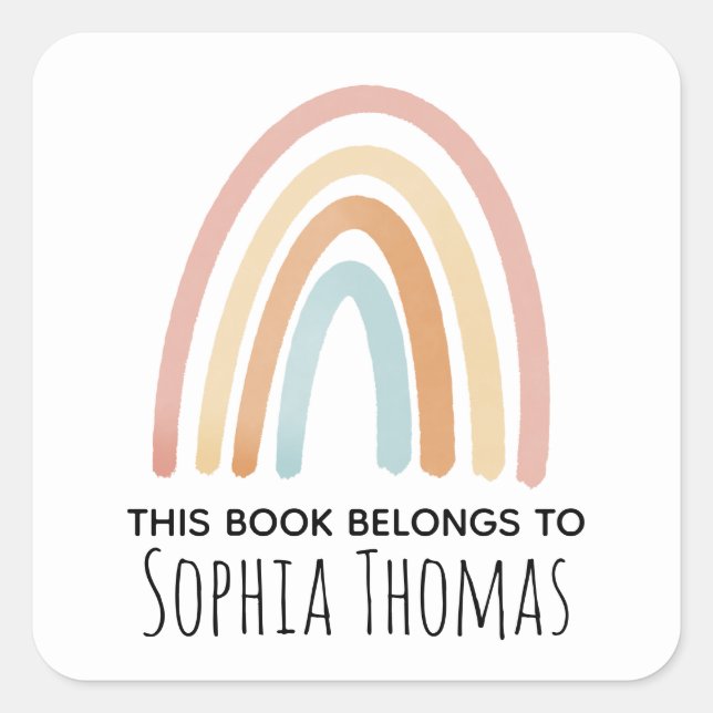Niedliches "This Book Belongs" Rainbow Kids Buchze Quadratischer Aufkleber (Vorderseite)
