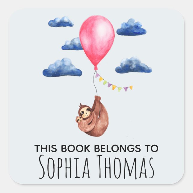 Niedliches "This Book Belongs" Sloth Name Kids Buc Quadratischer Aufkleber (Vorderseite)
