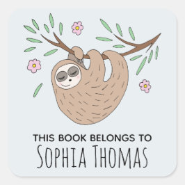 Niedliches "This Book Belongs" Sloth Name Kids Buc Quadratischer Aufkleber