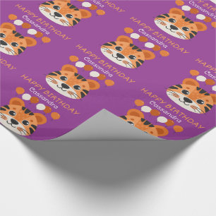 Niedliches Tiger-Gesicht Ballon Name Lila Kinderge Geschenkpapier