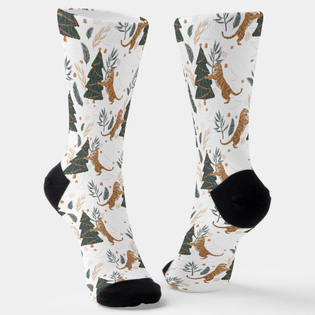Niedliches Tiger- und Weihnachtsbaummuster auf Wei Socken (Gewinkelt)