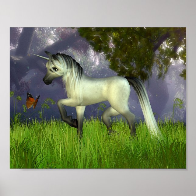 Niedliches Toon Unicorn mit Holzlandschaft Poster (Vorne)