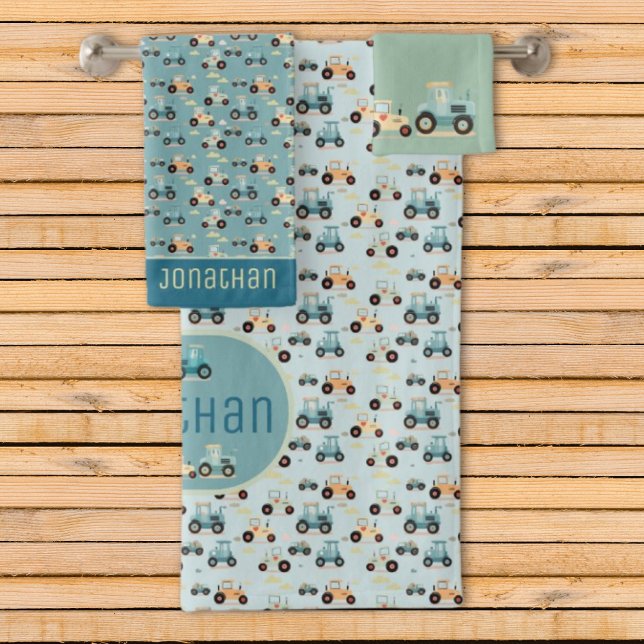Niedliches Traktormuster blaues Fahrzeugbadehandtu Badhandtuch Set (Von Creator hochgeladen)