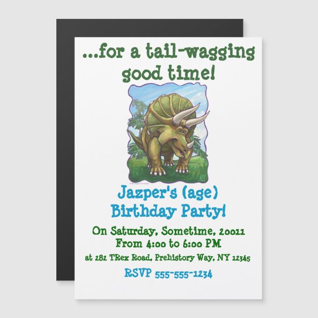 Niedliches Triceratops Party Magneteinladung (Vorne/Hinten)