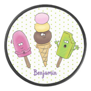 Niedliches Trio aus Cartoon-Eis Eishockey Puck