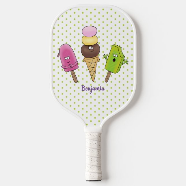 Niedliches Trio aus Cartoon-Eis Pickleball Schläger (Vorderseite)