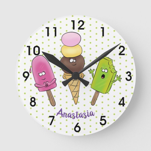 Niedliches Trio aus Cartoon-Eis Runde Wanduhr (Vorderseite)