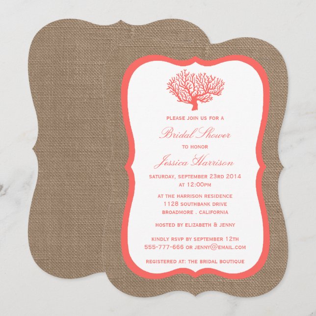 Niedliches Tropical Coral Beach Burlap Brautparty Einladung (Vorne/Hinten)