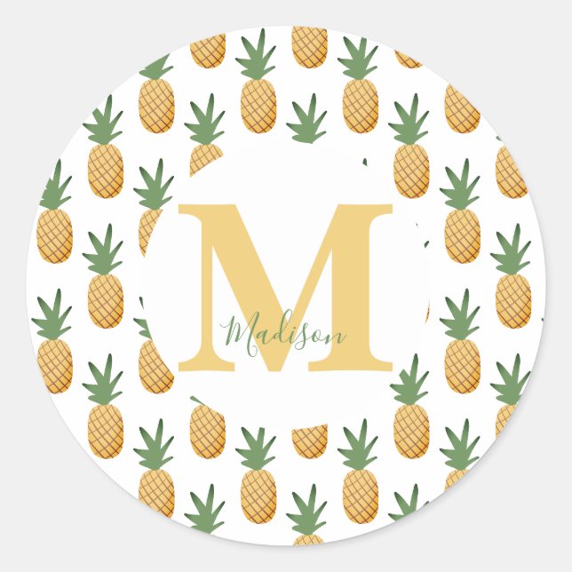 Niedliches Tropisches Ananas Monogramm Classic Rou Runder Aufkleber (Vorderseite)