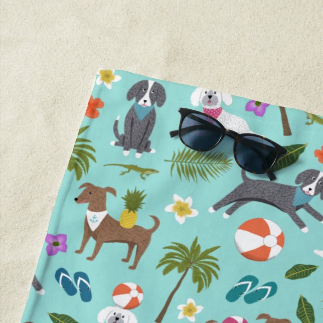 Niedliches Tropisches Hundemuster| Monogramm| Aqua Strandtuch (Beispiel)
