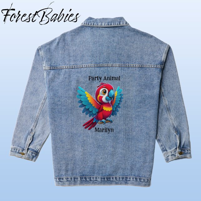 Niedliches tropisches Party Jeansjacke (Macaw, Blue Denim ForestBabies Jacket - Back)