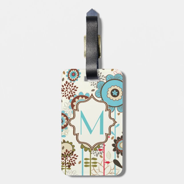 Niedliches türkisblaues Blumenmuster Monogramm Gepäckanhänger (Rückseite vertikal)