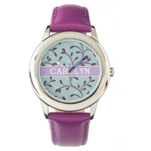 Niedliches türkisfarbenes Blumenmuster Monogramm Armbanduhr