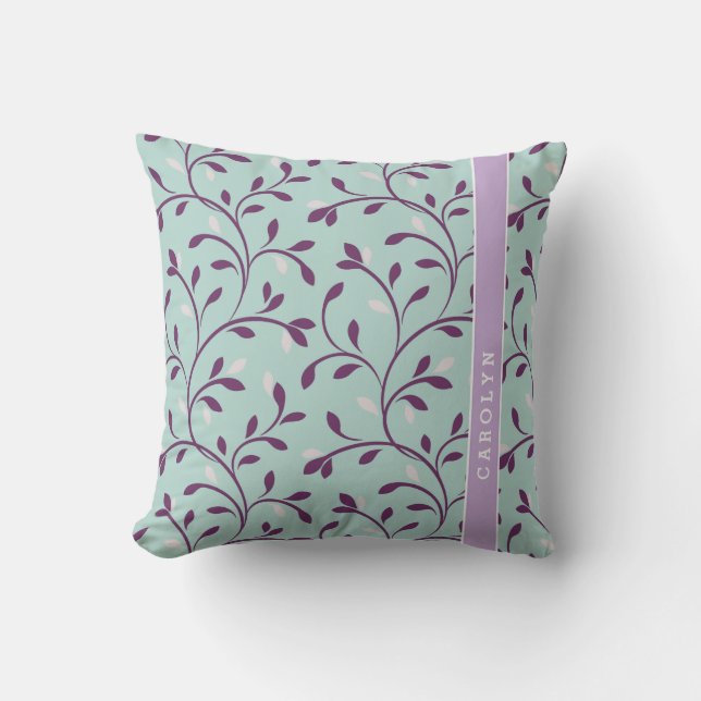 Niedliches türkisfarbenes Blumenmuster Monogramm Kissen (Vorderseite)