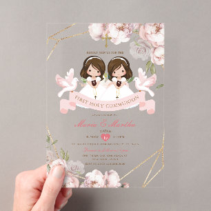 Niedliches TWIN Girl First Holy Communion Pink Flo Acryleinladungen