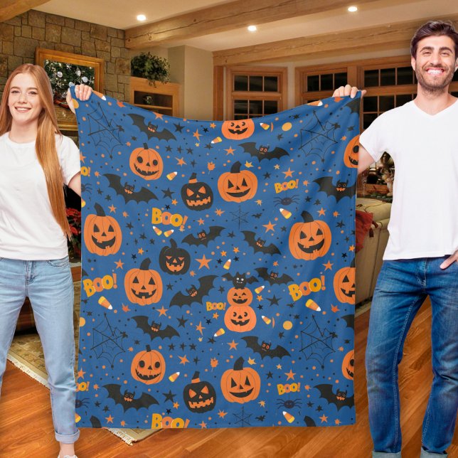 Niedliches und gemütliches schwarzes Orange und bl Fleecedecke (Cute And Cozy Black Orange And Blue Halloween Fleece Blanket)