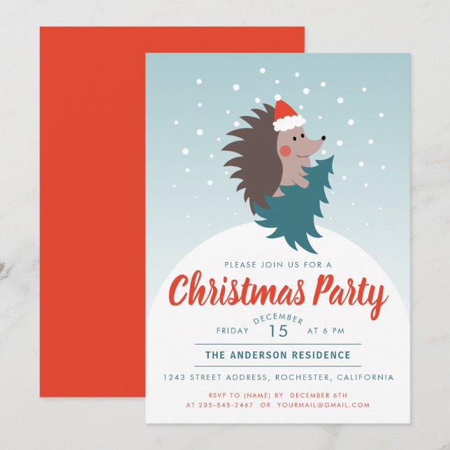 Niedliches und modernes Igel Weihnachts-Party Einladung (Vorne/Hinten)
