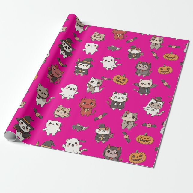 Niedliches und unheimliches Halloween-Katzenwackel Geschenkpapier (Ungerollt)