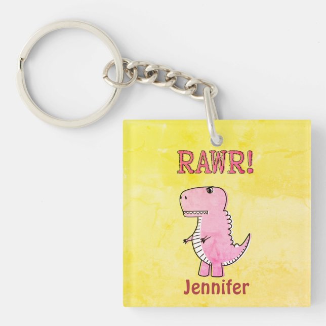 Niedliches und wütend rosa Cartoon T-Rex altes Pap Schlüsselanhänger (Vorderseite)