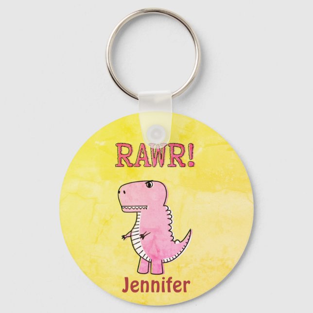 Niedliches und wütend rosa Cartoon T-Rex altes Pap Schlüsselanhänger (Vorderseite)